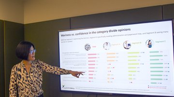 Hummingbird Insight's research director, Lisa M Lee presenting a powerpoint slide about Quantitative research in a board room