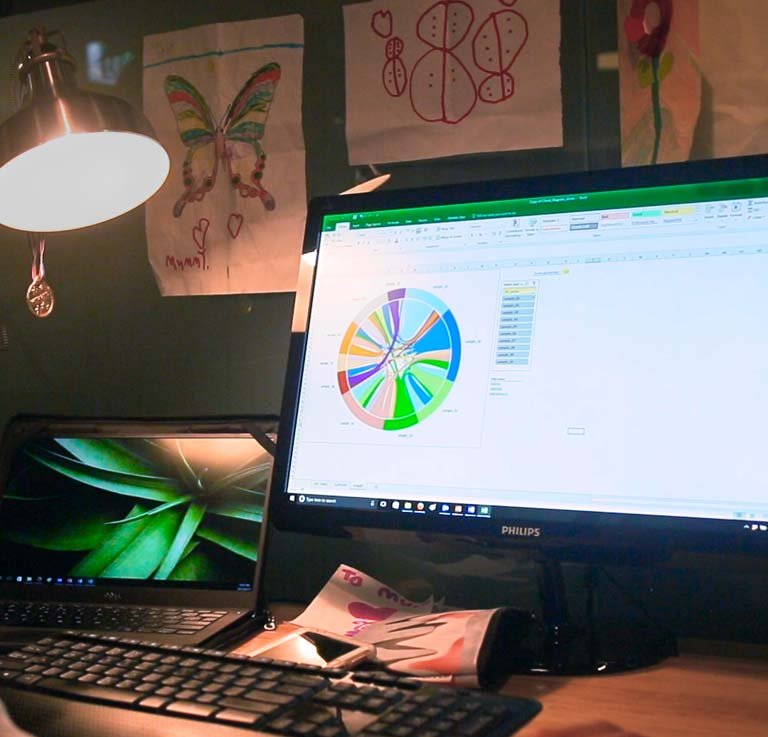 Hummingbird market research director Lisa Lee inspecting marketing statistic graphs on a powerpoint slideshow